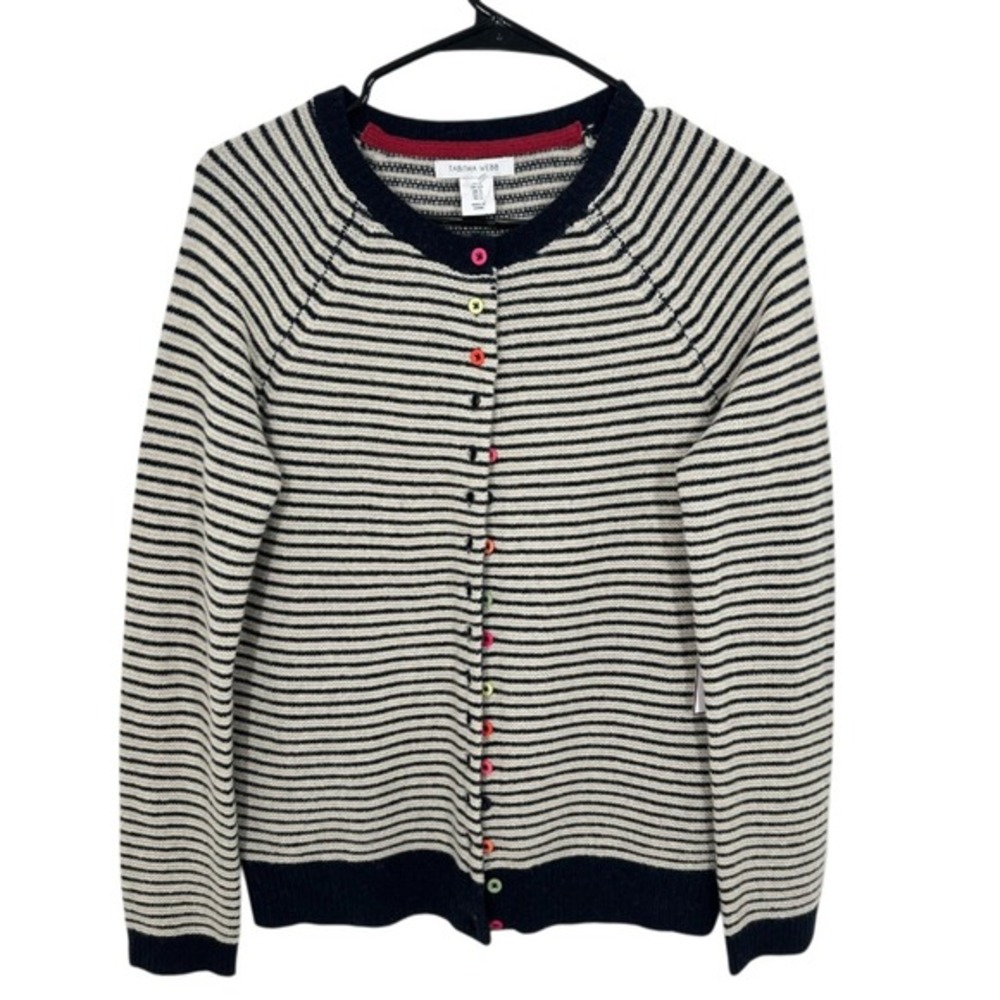 Tabitha‎ Webb Striped Button Up Cardigan Navy Cream Lambswool Blend Colorful NWT